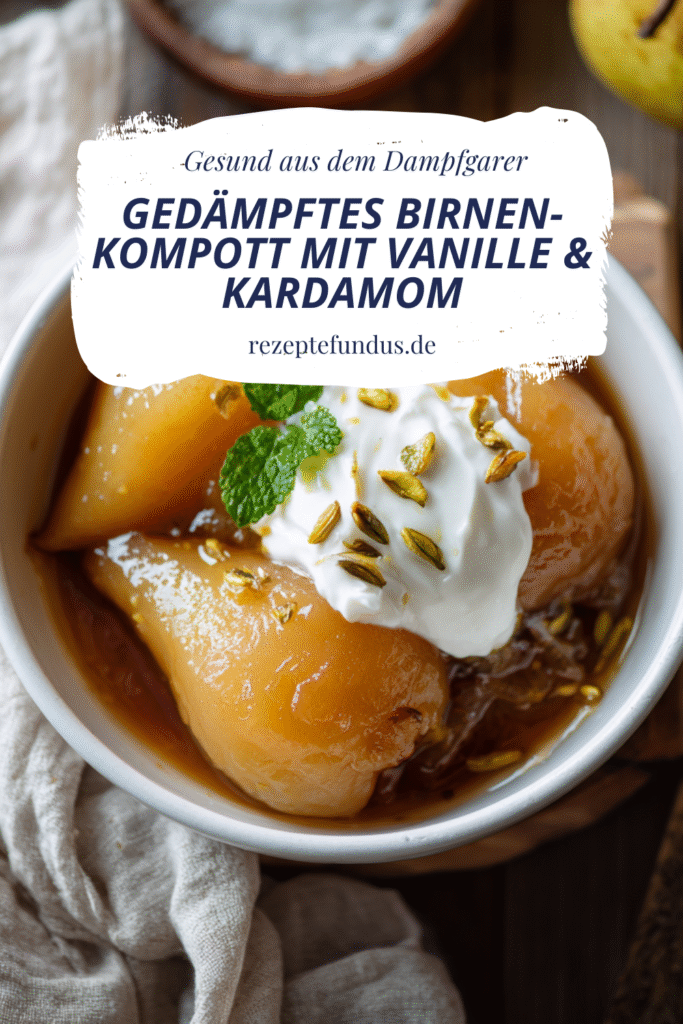 Gedämpftes Birnen-Kompott mit Vanille & Kardamom – fruchtig & warm aus dem Dampfgarer 3 Gedämpftes Birnen-Kompott mit Vanille & Kardamom, warm serviert in einer Schale – gesundes, herbstliches Dessert ohne Zucker.