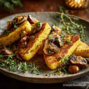 Goldene Polentascheiben mit Pilzen aus dem Airfryer, angerichtet auf einem weißen Teller – mediterran & einfach.