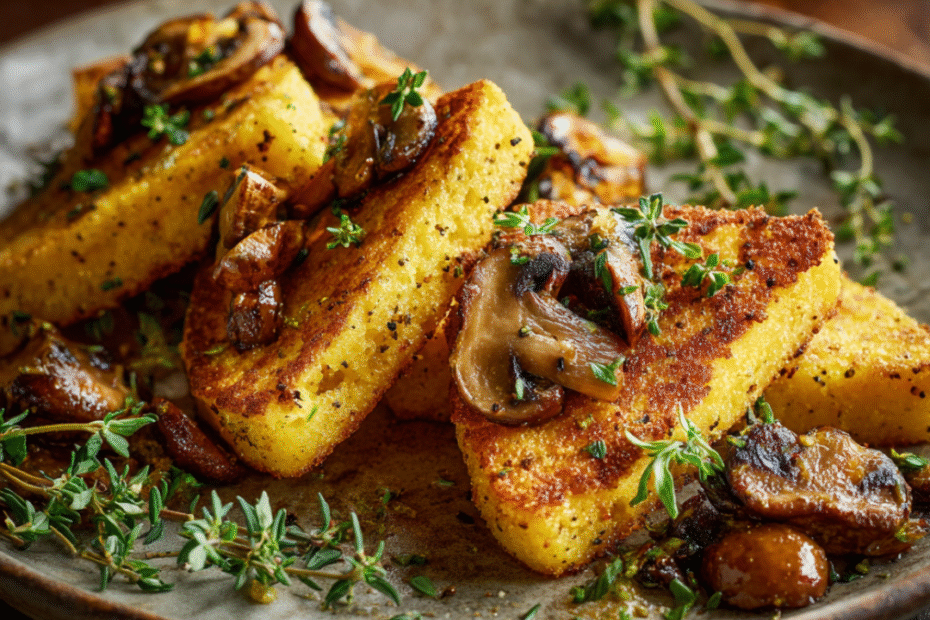Goldene Polentascheiben mit Pilzen aus dem Airfryer, angerichtet auf einem weißen Teller – mediterran & einfach.