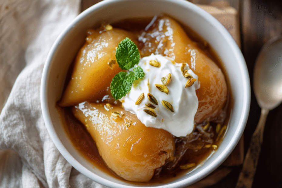 Sanft gegarte Birnenspalten mit Vanille und Kardamom im Dampfgarer – serviert mit Joghurt oder pur.
