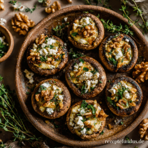 Gefüllte Champignons mit Walnuss-Feta-Füllung – herzhaft, vegetarisch & eiweißreich 1 Herzhafte Ofenchampignons mit Feta und Walnüssen, angerichtet auf einem weißen Teller – als Snack oder Vorspeise.