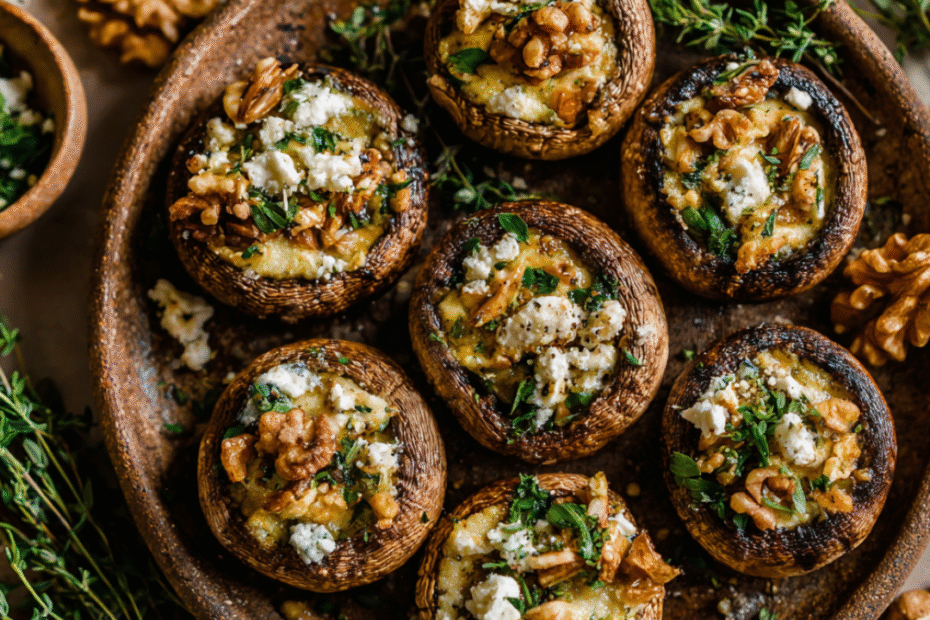 Herzhafte Ofenchampignons mit Feta und Walnüssen, angerichtet auf einem weißen Teller – als Snack oder Vorspeise.