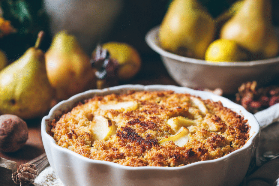 Süßer Auflauf mit Hirse, Früchten und Zimt – ein gesundes Frühstück oder Dessert ohne Zucker.“