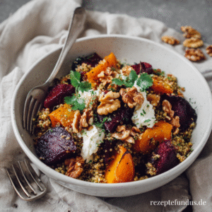 Warme Quinoa-Bowl mit Gemüse und Nüssen, angerichtet als gesundes, sättigendes Mittagessen.