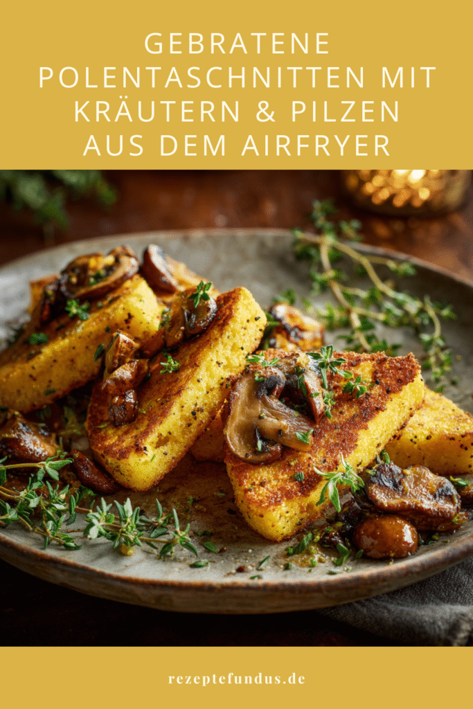 Gebratene Polentaschnitten mit gebratenen Champignons und frischen Kräutern – knusprig, vegetarisch & gesund serviert.