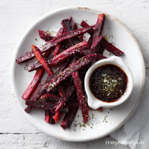 Knusprige Rote-Bete-Streifen aus dem Airfryer mit cremigem Dattel-Dip – als gesunder Snack oder Beilage.