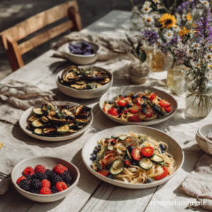 Bunt angerichtete sommerliche Gemüseteller mit Tomaten, Zucchini, Paprika und frischen Kräutern auf einem hellen Holztisch, im Hintergrund Sonnenlicht – gesunde saisonale August-Küche für heiße Tage.