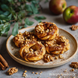 Apfelringe im Blätterteig mit Walnüssen & Zimt aus dem Airfryer – knusprig, fruchtig & einfach gut 1 Apfelringe im Blätterteig mit Zimt und Walnüssen auf einem weißen Teller angerichtet – herbstliches Gebäck