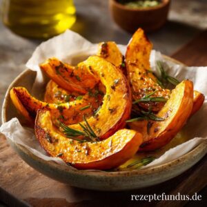 Kürbiswedges mit Rosmarin & Knoblauch auf Backpapier aus dem Airfryer – goldbraun & aromatisch serviert