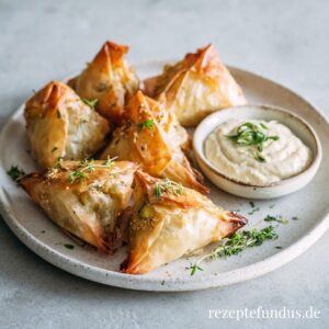 Knusprige Filoteig-Päckchen mit Gemüsefüllung, serviert mit cremigem Cashew-Dip – vegetarisch & aus dem Airfryer