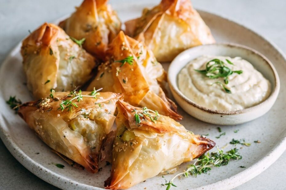 Knusprige Filoteig-Päckchen mit Gemüsefüllung, serviert mit cremigem Cashew-Dip – vegetarisch & aus dem Airfryer