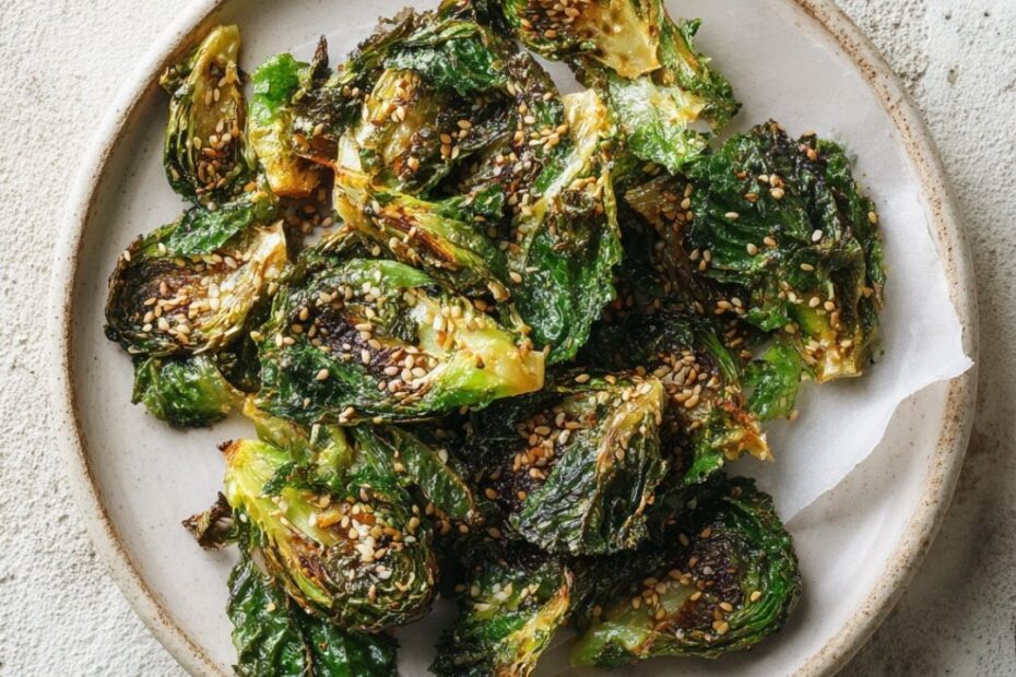 Knusprige Rosenkohl-Chips mit Sesam auf hellem Teller, daneben Dip und Gewürze – gesunder Gemüse-Snack
