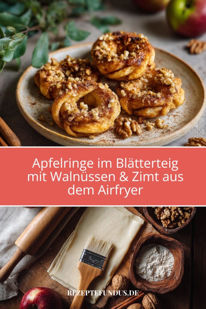 Apfelringe im Blätterteig mit Walnüssen & Zimt aus dem Airfryer – knusprig, fruchtig & einfach gut 3 Apfelringe im Blätterteig mit Zimt und Walnüssen auf einem weißen Teller angerichtet – herbstliches GebäCk und die Zutaten dazu