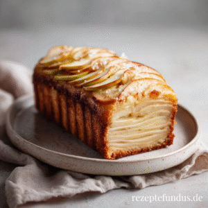Apfelschichtkuchen aus der Kastenform - gesund, saftig & besonders 1 Apfelschichtkuchen in der Kastenform, goldbraun gebacken, mit feinen Apfelscheiben sichtbar – gesunder Apfelkuchen mit Struktur.