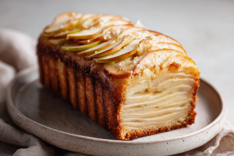 Apfelschichtkuchen in der Kastenform, goldbraun gebacken, mit feinen Apfelscheiben sichtbar – gesunder Apfelkuchen mit Struktur.