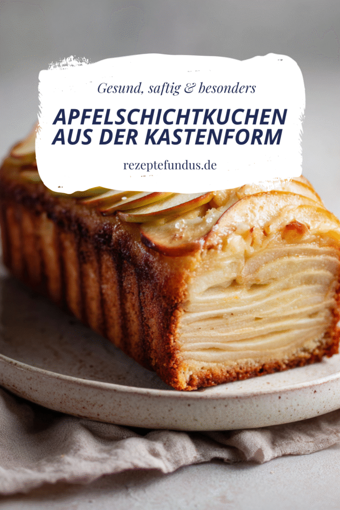 Apfelschichtkuchen aus der Kastenform - gesund, saftig & besonders 3 Saftiger Apfelkuchen mit dünnen Apfelschichten aufgeschnitten auf einem Holzbrett – ballaststoffreich & ohne Zucker.
