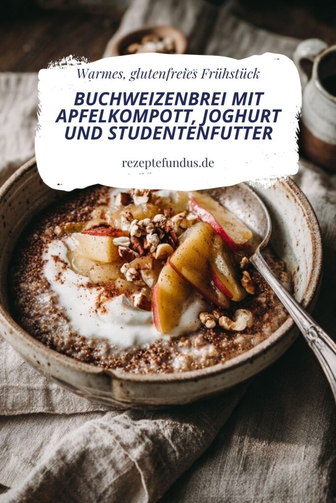 Buchweizenbrei mit Apfelkompott, Joghurt und Studentenfutter in einer Schale angerichtet.