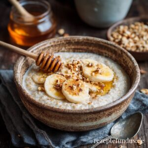 Buchweizenbrei mit Zimt & Honig – warm, sättigend & glutenfrei 1 Buchweizenbrei mit Zimt und Honig in einer Schale angerichtet, getoppt mit Bananenscheiben und Nüssen – warmes Frühstück.