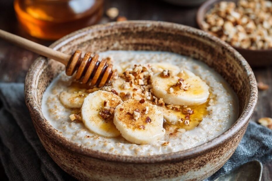 Buchweizenbrei mit Zimt und Honig in einer Schale angerichtet, getoppt mit Bananenscheiben und Nüssen – warmes Frühstück.