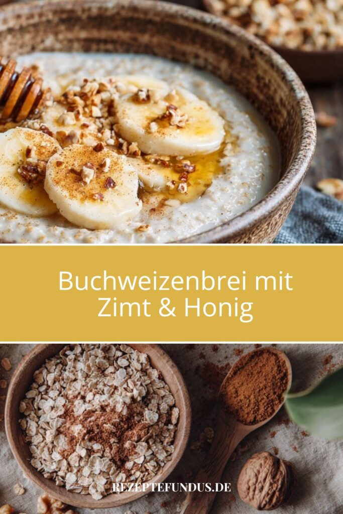 Buchweizenbrei mit Zimt & Honig – warm, sättigend & glutenfrei 3 Buchweizenbrei mit Zimt und Honig in einer Schale angerichtet, getoppt mit Bananenscheiben und Nüssen – warmes Frühstück, außerdem die Zutaten