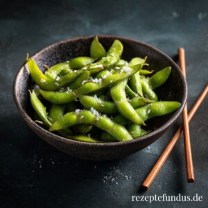Vegane Edamame mit Salz auf dunklem Untergrund – gesunder proteinreicher Snack zum Herausdrücke