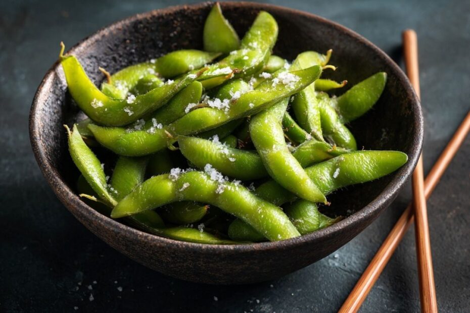 Vegane Edamame mit Salz auf dunklem Untergrund – gesunder proteinreicher Snack zum Herausdrücke
