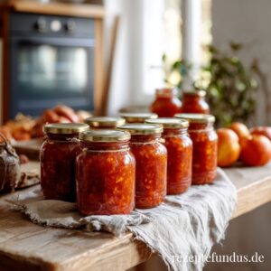 Eingekochte Gläser mit Tomatensoße und Kompott auf heller Arbeitsfläche – einfache Vorratsküche ohne Einkochautom