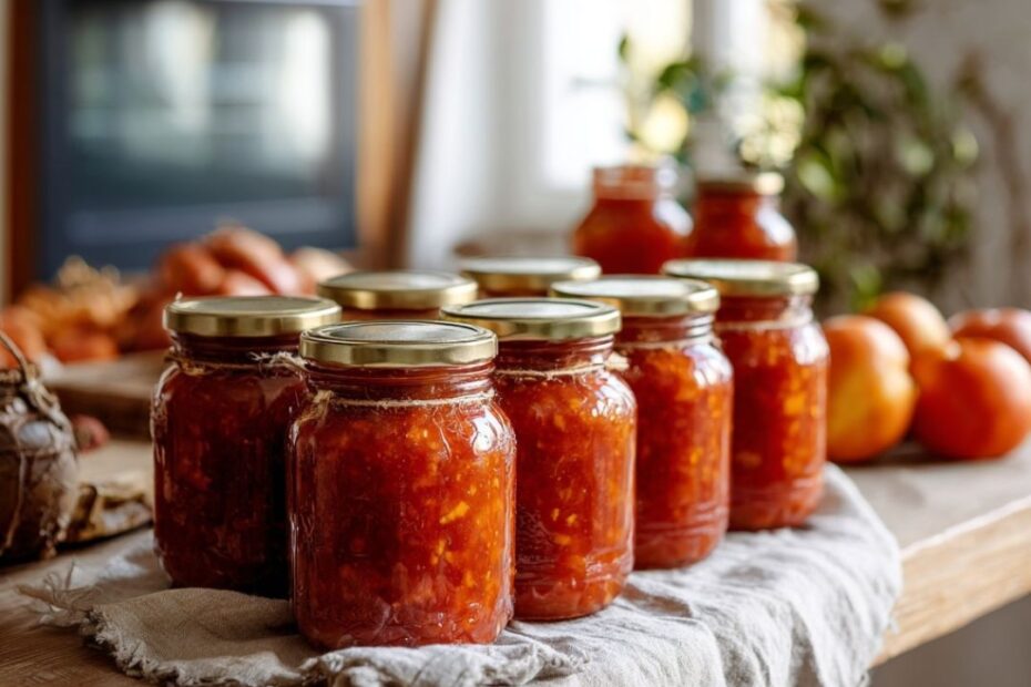 Eingekochte Gläser mit Tomatensoße und Kompott auf heller Arbeitsfläche – einfache Vorratsküche ohne Einkochautom
