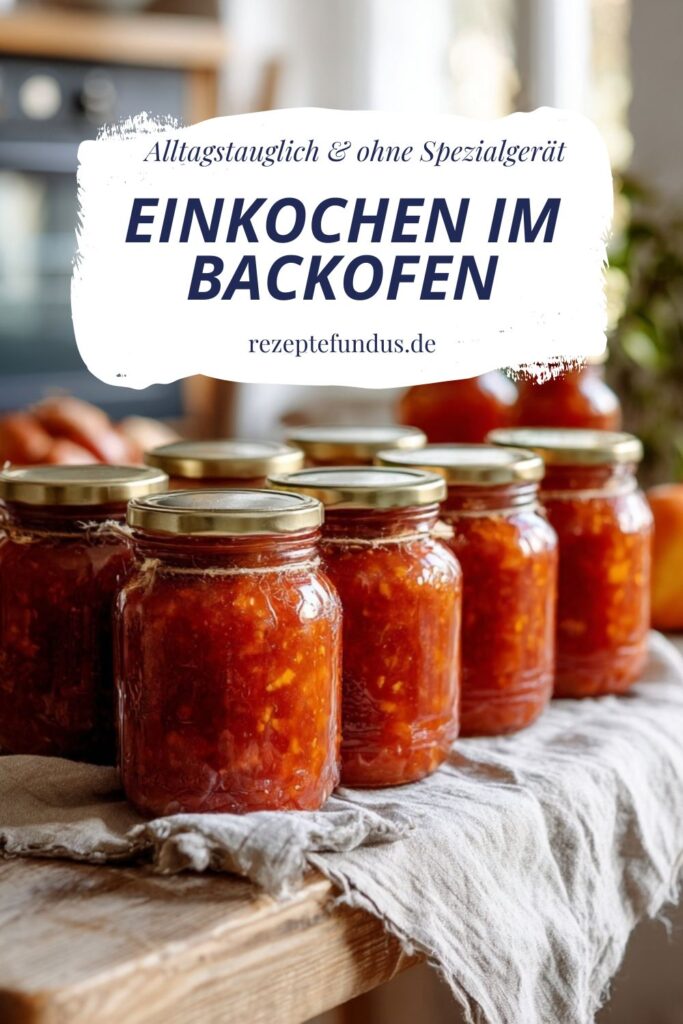 Einkochen im Backofen - einfach, alltagstauglich & ohne Spezialgerät 5 Glasweise eingekochtes Gemüse auf Leinentuch, im Hintergrund ein geöffneter Backofen – gesunde Vorräte selbst ge