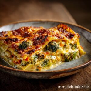 Gemüse-Lasagne mit Brokkoli, Karotte & Kürbis – gesund & herzhaft 1 Bunte Gemüse-Lasagne mit Kürbis, Karotten & Brokkoli in einer Keramik-Auflaufform – goldbraun überbacken