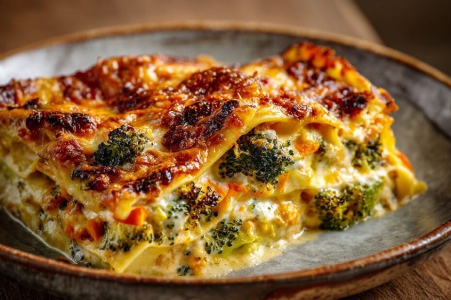 Bunte Gemüse-Lasagne mit Kürbis, Karotten & Brokkoli in einer Keramik-Auflaufform – goldbraun überbacken