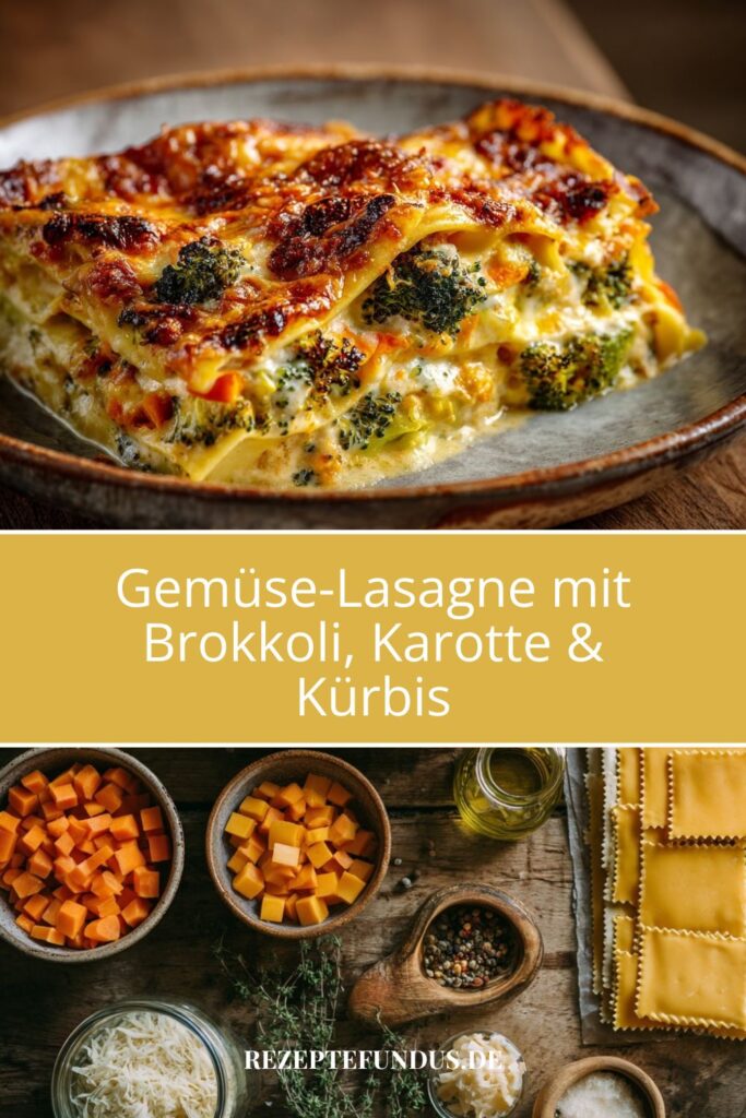 Gemüse-Lasagne mit Brokkoli, Karotte & Kürbis – gesund & herzhaft 3 Bunte Gemüse-Lasagne mit Kürbis, Karotten & Brokkoli in einer Keramik-Auflaufform – goldbraun überbacken und die Zutaten dazu