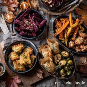 Knusprige Herbstgerichte aus der Heißluftfritteuse: Eine Auswahl gesunder Airfryer-Rezepte mit Gemüse, stilvoll angerichtet auf einem herbstlichen Holztisch.
