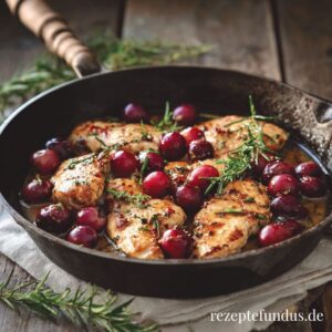 Hähnchenpfanne mit Trauben & Rosmarin – fruchtig, herzhaft & einfach gesund 1 Hähnchenpfanne mit Trauben und Rosmarin in rustikaler Keramikpfanne serviert – herbstlich und eiweißreich