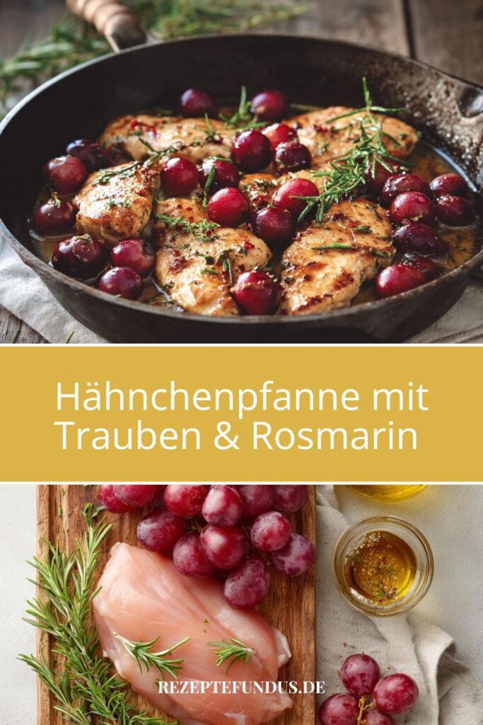 Hähnchenpfanne mit Trauben & Rosmarin – fruchtig, herzhaft & einfach gesund 3 Hähnchenpfanne mit Trauben und Rosmarin in rustikaler Keramikpfanne serviert – herbstlich und eiweißreich und die Zutaten dazu
