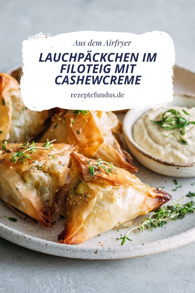 Lauchpäckchen aus dem Airfryer auf hellem Teller angerichtet, daneben cremige Cashewcreme mit Kräutern