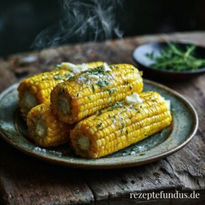 Goldgelber Maiskolben mit Gewürzbutter bestrichen, daneben frische Kräuter – gesunde Beilage für die Familienküc