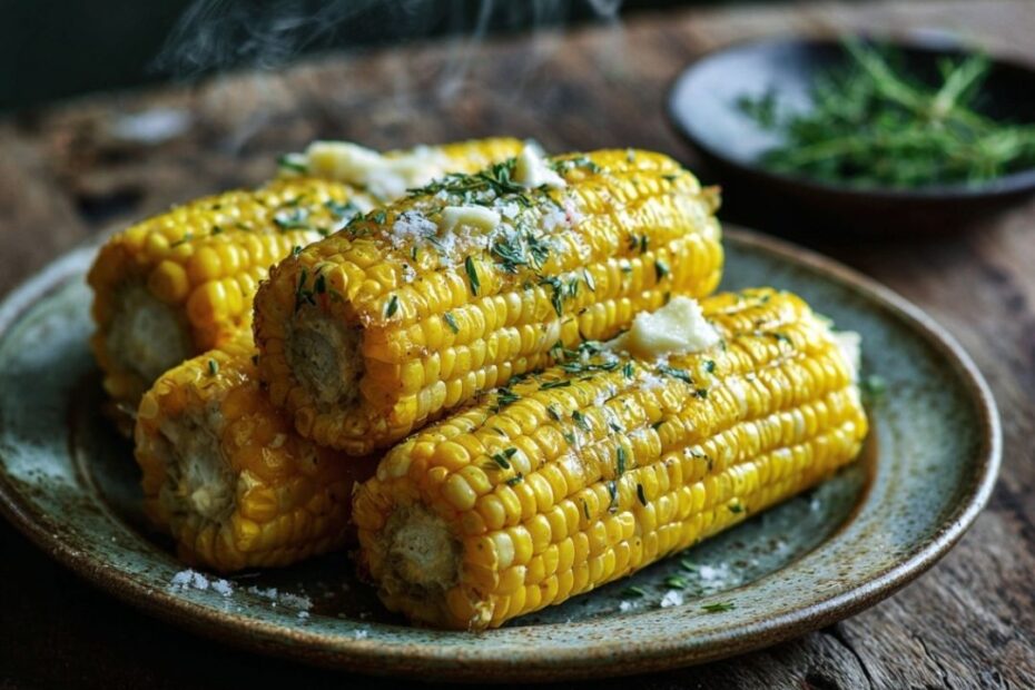 Goldgelber Maiskolben mit Gewürzbutter bestrichen, daneben frische Kräuter – gesunde Beilage für die Familienküc