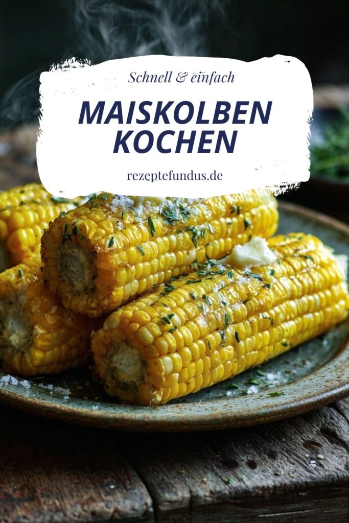 Vorgekochte Maiskolben, dampfend frisch aus dem Kochtopf, serviert mit Butterflocken auf einem Teller