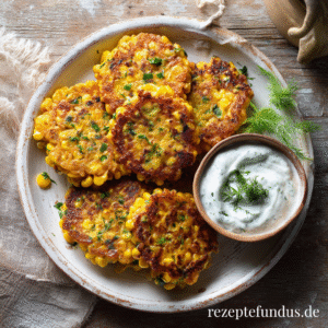 Maisküchlein mit Joghurt-Kräuter-Dip – herzhaft, gesund & sättigend 1 Knusprige Maisküchlein auf einem Teller mit Kräuter-Joghurt-Dip angerichtet – gesunder Snack für jeden Tag.