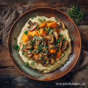 Pastinaken-Petersilienwurzel-Püree mit Pilzragout – Herbstliches Soulfood aus der Gemüseküche 1 Cremiges Wurzelgemüse-Püree mit Pilzragout auf einem Keramikteller, garniert mit frischem Thymian – vegetarisches Soulfood