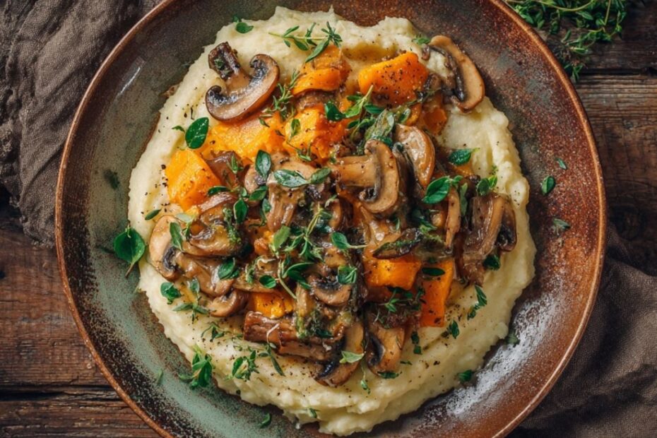Cremiges Wurzelgemüse-Püree mit Pilzragout auf einem Keramikteller, garniert mit frischem Thymian – vegetarisches Soulfood
