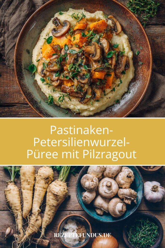 Pastinaken-Petersilienwurzel-Püree mit Pilzragout – Herbstliches Soulfood aus der Gemüseküche 3 Pastinakenpüree mit gebratenen Pilzen in Brühe – herbstliches Gericht in natürlicher Lichtstimmun