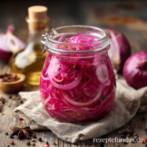Eingelegte rote Zwiebeln – schnell gemacht & voller Aroma 3 Fein geschnittene rote Zwiebeln eingelegt in Essig im Vorratsglas – farbenfrohes Topping für Bowls & Salate.