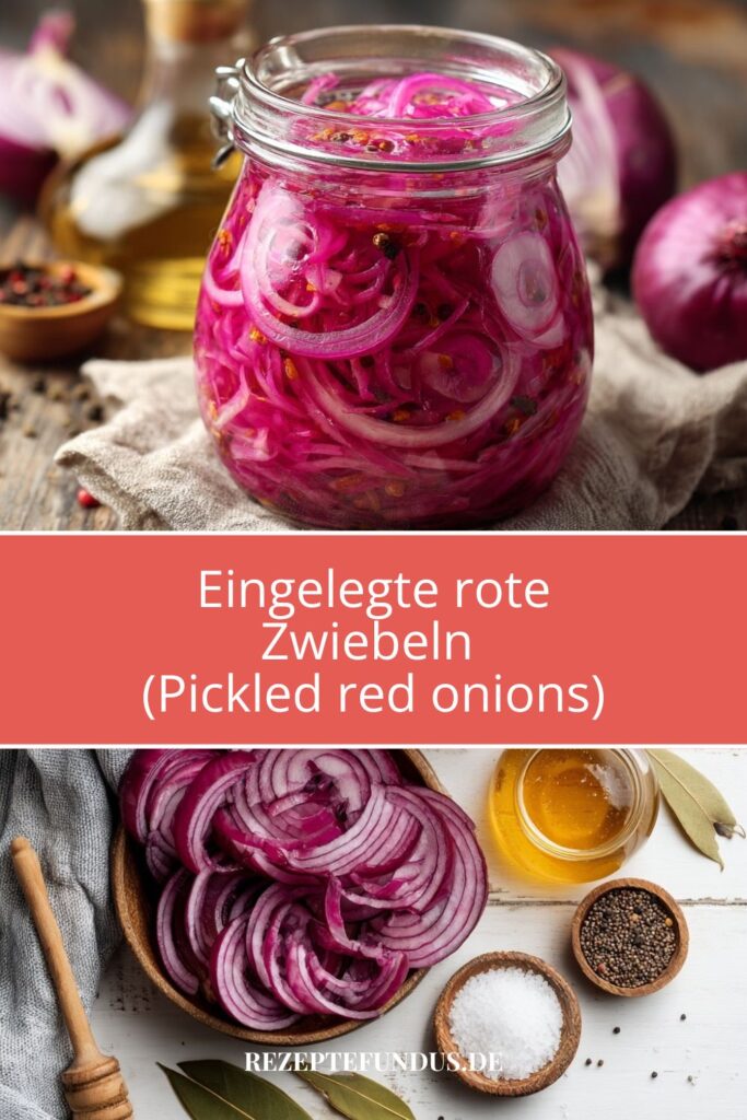 Eingelegte rote Zwiebeln – schnell gemacht & voller Aroma 5 Fein geschnittene rote Zwiebeln eingelegt in Essig im Vorratsglas – farbenfrohes Topping für Bowls & Salate, und die Zutaten dazu.