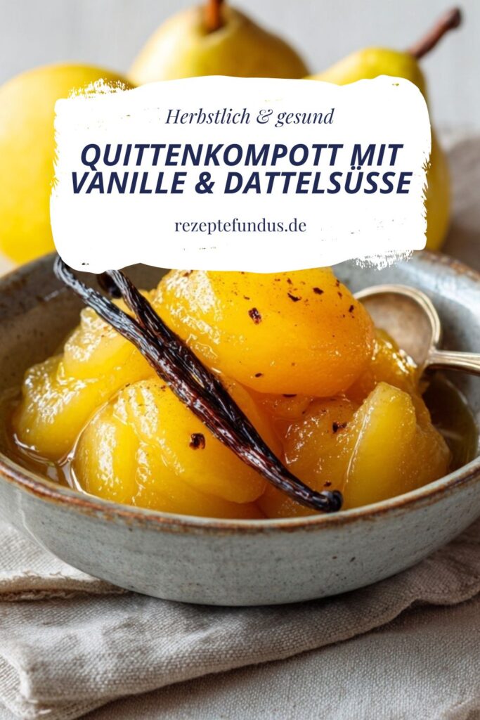 Quittenkompott mit Vanille & Dattelsüße – herbstlich & gesund genießen 3 Natürlich gesüßtes Kompott aus Quitten, serviert in einer kleinen Schale mit Zimtstange und Vanille – vegan & blutzuckerfreundlich