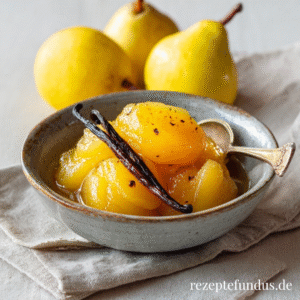 Quittenkompott mit Vanille & Dattelsüße – herbstlich & gesund genießen 1 Natürlich gesüßtes Kompott aus Quitten, serviert in einer kleinen Schale mit Zimtstange und Vanille – lecker, gesund & herbstlich