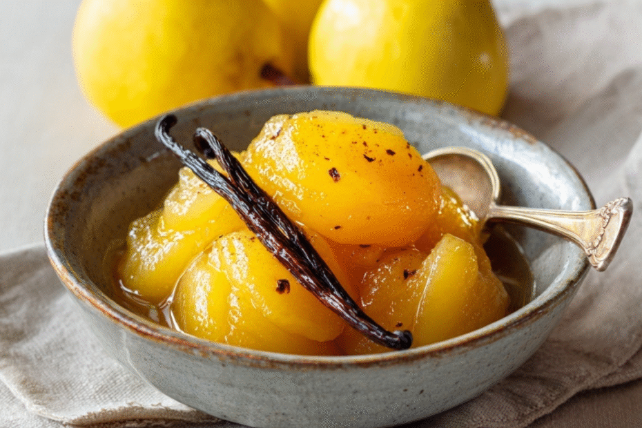 Natürlich gesüßtes Kompott aus Quitten, serviert in einer kleinen Schale mit Zimtstange und Vanille – lecker, gesund & herbstlich