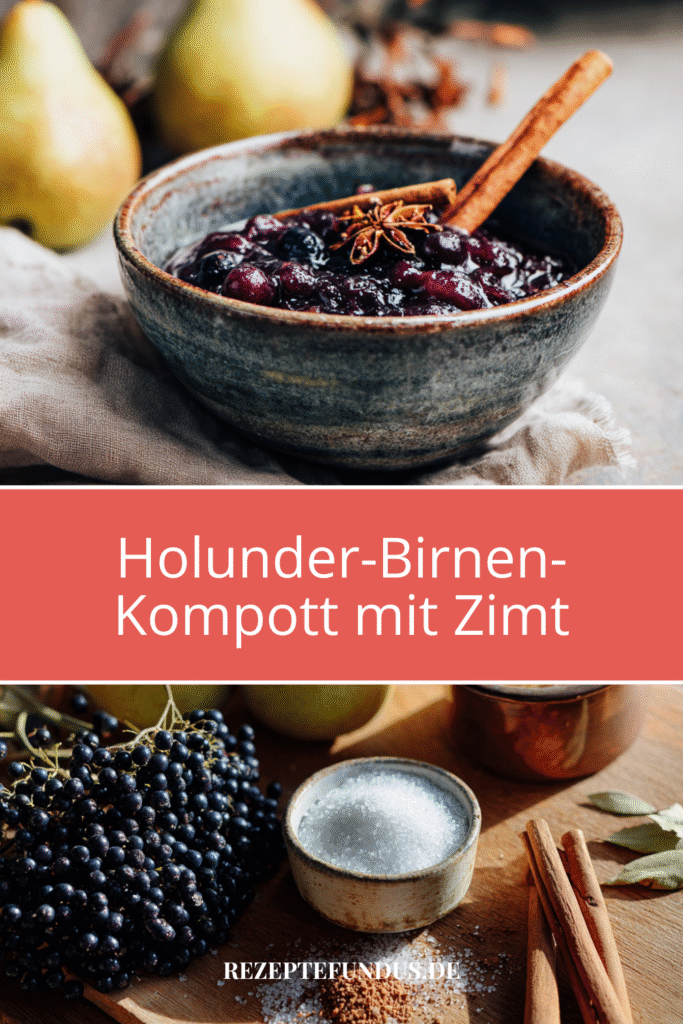 Holunder-Birnen-Kompott mit Zimt – herbstlich, aromatisch & wohltuend 3 Herbstliches Holunder-Birnen-Kompott mit Zimtstange im Glas – serviert auf Leinentuch, außerdem die Zutaten