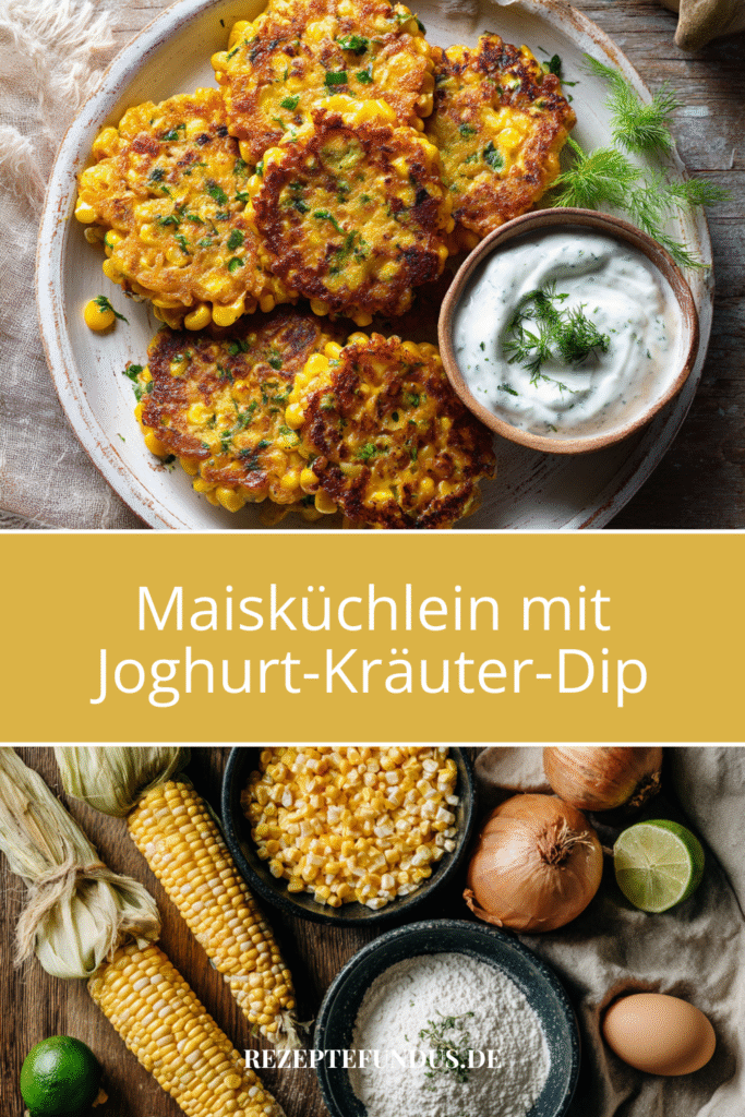 Maisküchlein mit Joghurt-Kräuter-Dip – herzhaft, gesund & sättigend 3 Knusprige Maisküchlein auf einem Teller mit Kräuter-Joghurt-Dip angerichtet – gesunder Snack für jeden Tag. + Zutaten